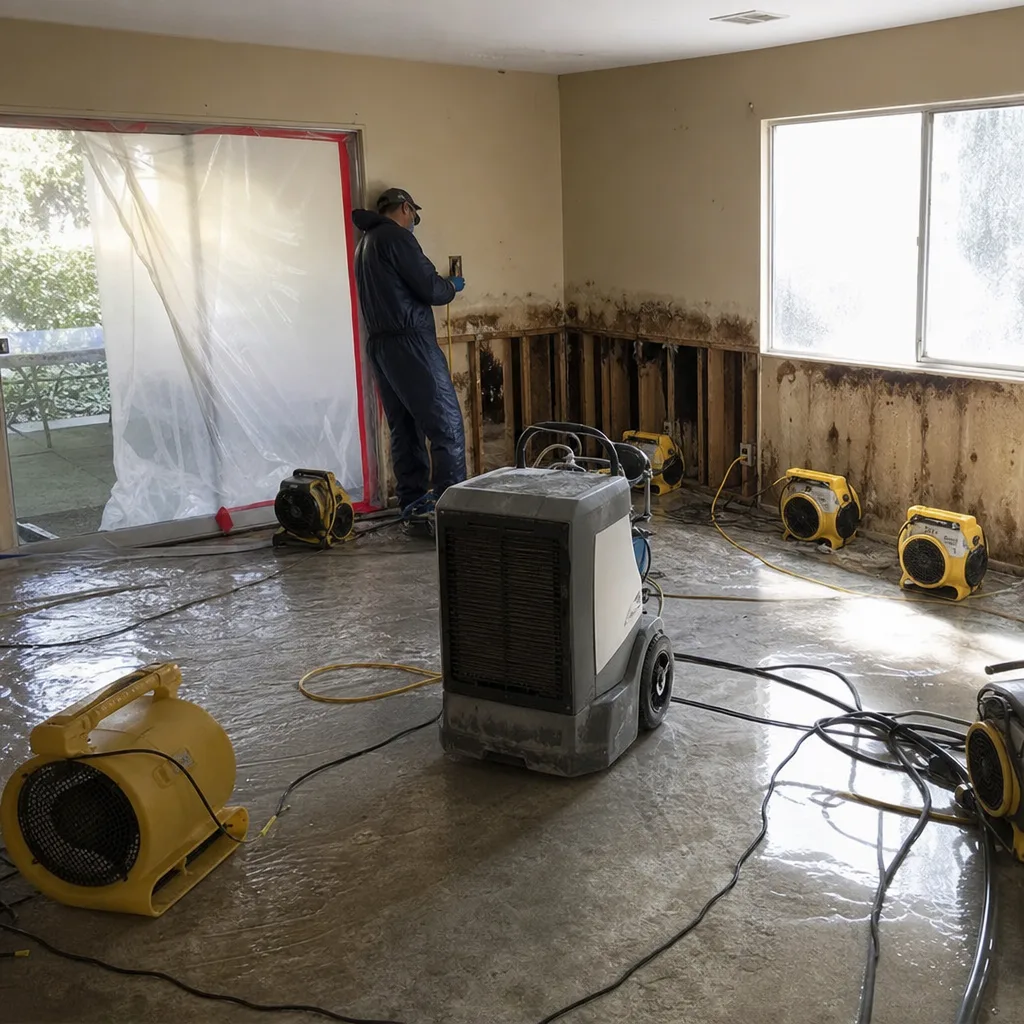 Water damage restoration technician using commercial dehumidifiers and fans in a house.