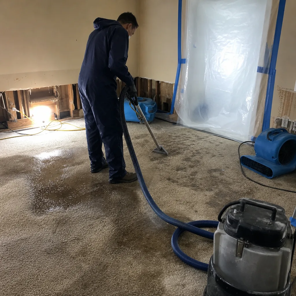 Water damage restoration professional extracting water from a carpeted floor